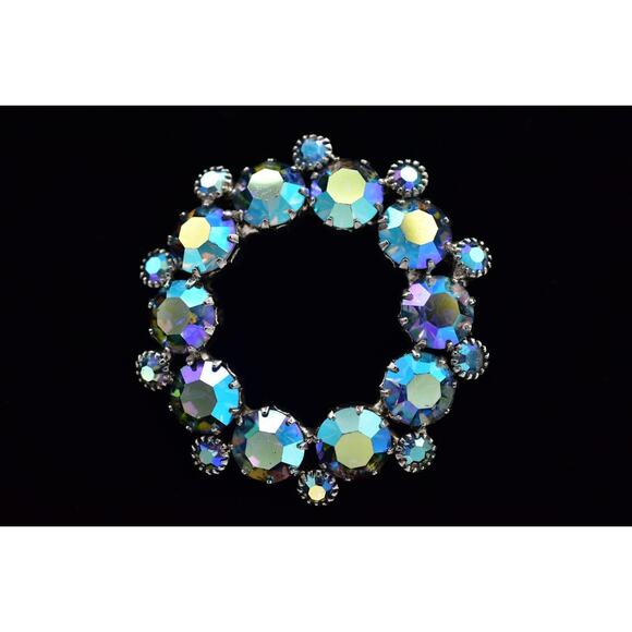 Vintage Crystal Pin Brooch Prong Rhinestone AB Blue Retro Round 1950s Glam BinBP - Picture 1 of 12